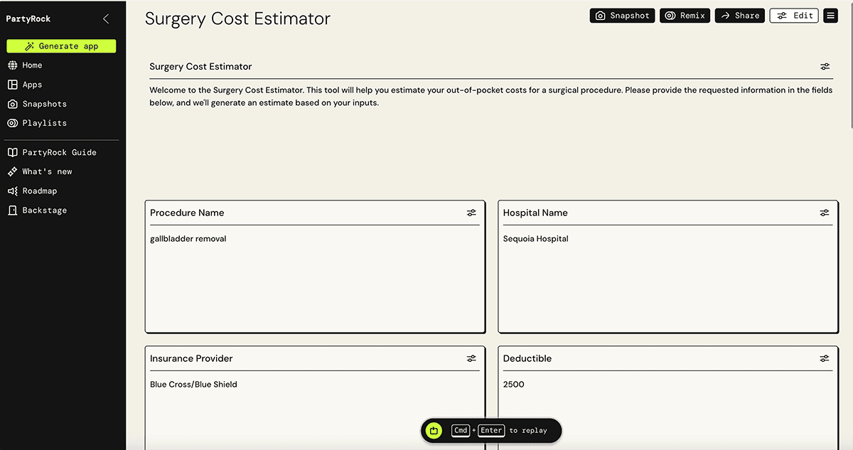 AWS re:Invent Surgery Cost Estimator GenAI Prototyping Tool