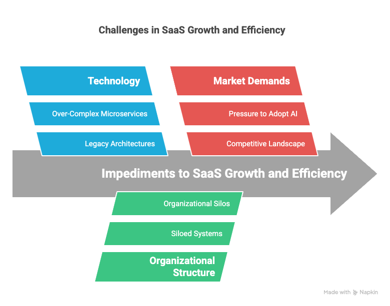 Chart depicting Challenges in SaaS Growth and Efficiency from Technology to Market Demands to Organizational Structure