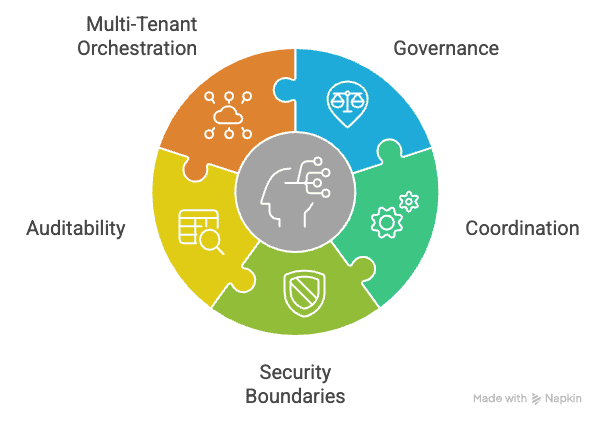 multi-tenant orchestration, governance, auditability, coordination and security boundaries diagram