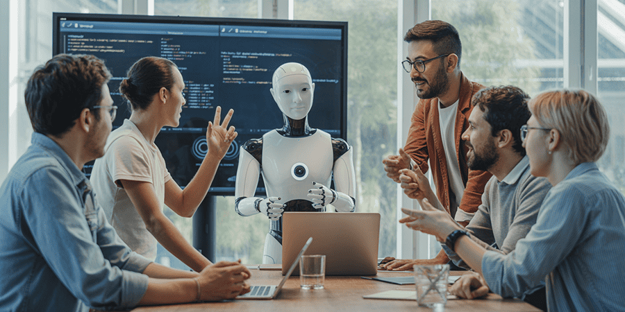 humans and robot discussing software development
