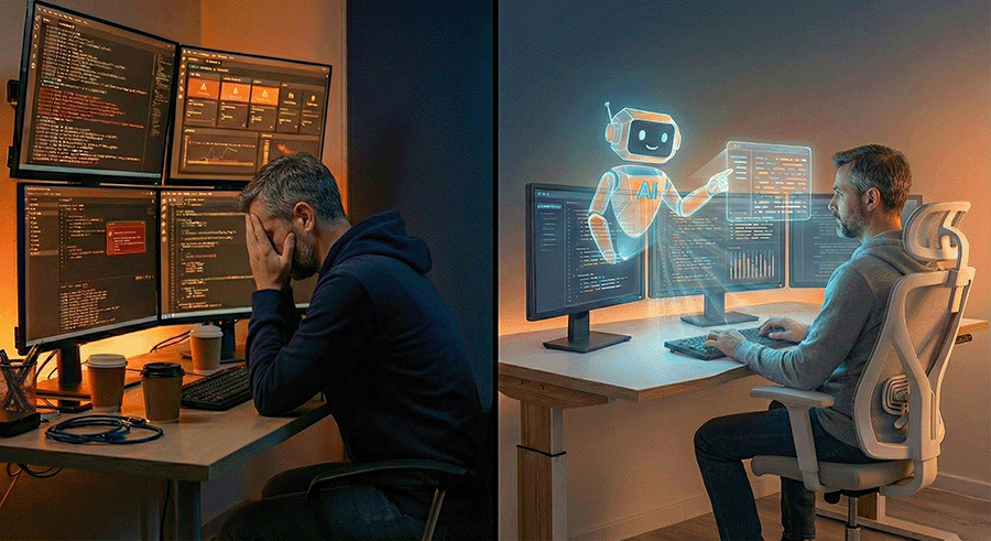 engineer frustrated on the left contrasting with engineer being productive with the help of AI on the right