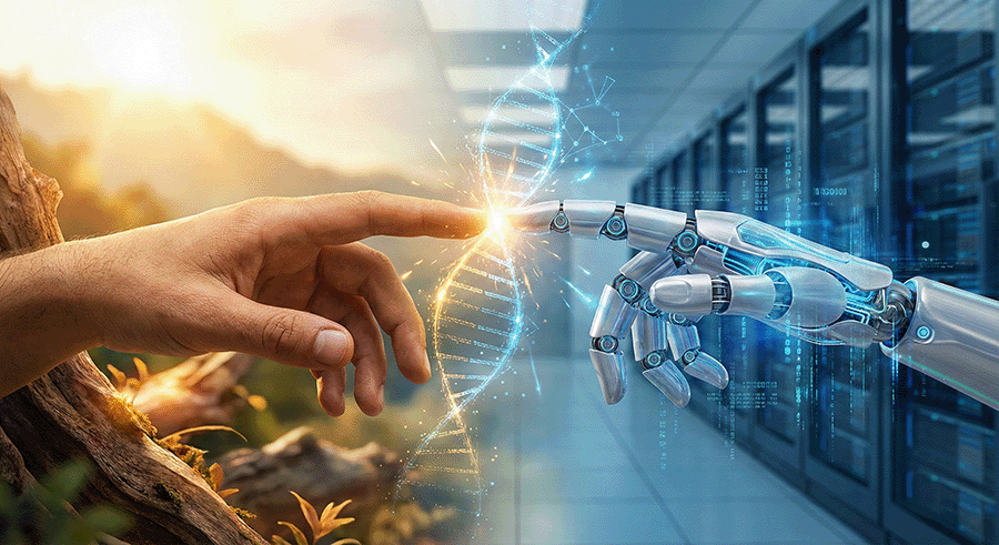 human hand outstretch and touching the finger of a robotic hand to create a synergy