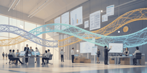 data flows inside a modern office lobby